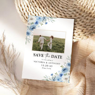 Stofbloem Blauwe Ivoren Save The Date met Fotokaar