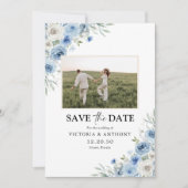 Stofbloem Blauwe Ivoren Save The Date met Fotokaar (Voorkant)
