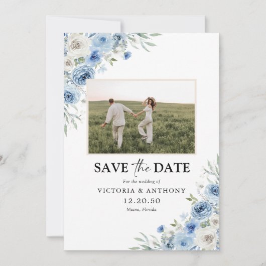 Stofbloem Blauwe Ivoren Save The Date met Fotokaar (Voorkant)