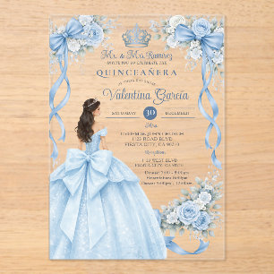 Stofbloem Blauwe Kroon Gouden Quinceañera Jurk Ver Acryl Uitnodigingen