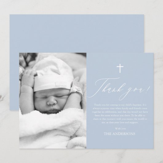 Stofbloem Blauwe Kruis Jongen Foto Doop Dankkaart Kaart (Voorkant / Achterkant)