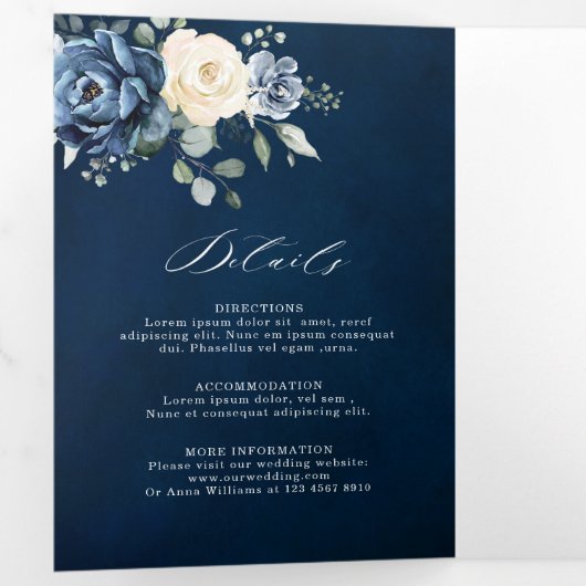 Stofbloem Blauwe Marine Champagne Ivoor Bloemstuk  Drieluik Aankondiging (Binnenzijde eerst)