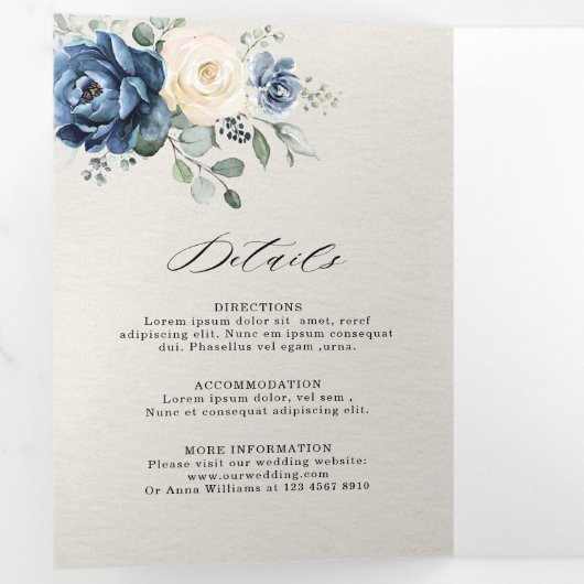 Stofbloem Blauwe Marine Champagne Ivoor Bloemstuk  Drieluik Aankondiging (Binnenzijde eerst)