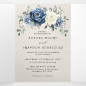 Stofbloem Blauwe Marine Champagne Ivoor Bloemstuk  Drieluik Aankondiging (Binnenkant midden)