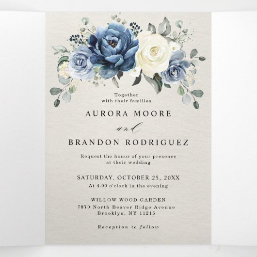 Stofbloem Blauwe Marine Champagne Ivoor Bloemstuk Drieluik Aankondiging (Binnenkant midden)