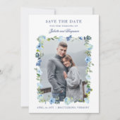 Stofbloem blauwe marinebloem bruiloftsfoto save the date (Voorkant)