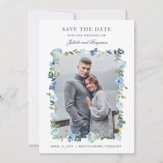 Stofbloem blauwe marinebloem bruiloftsfoto save the date (Voorkant)