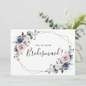 Stofbloem Blauwe Mauve Geometrische Bruidsmeisje V Kaart (Staand voorkant)