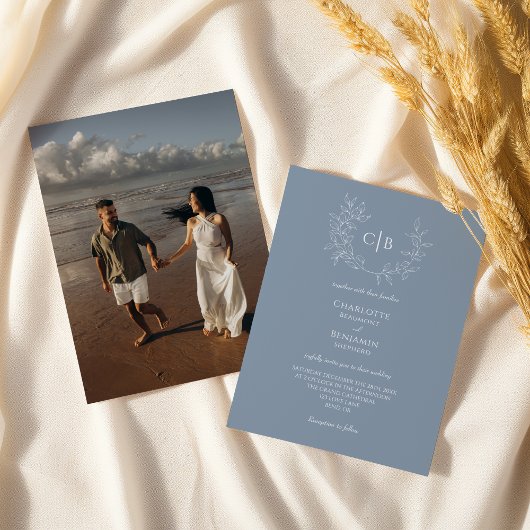 Stofbloem Blauwe Minimale Blad Bruiloft Monogram F Kaart