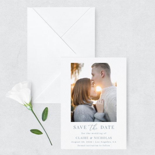 Stofbloem Blauwe Moderne Elegante Trouwfoto Save The Date