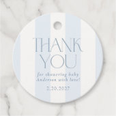 Stofbloem Blauwe Moderne Gestreepte Baby Shower Bedankjes Labels (Voorkant)