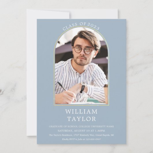 Stofbloem Blauwe Moderne Gouden Boog Foto Afstudee Kaart (Voorkant)