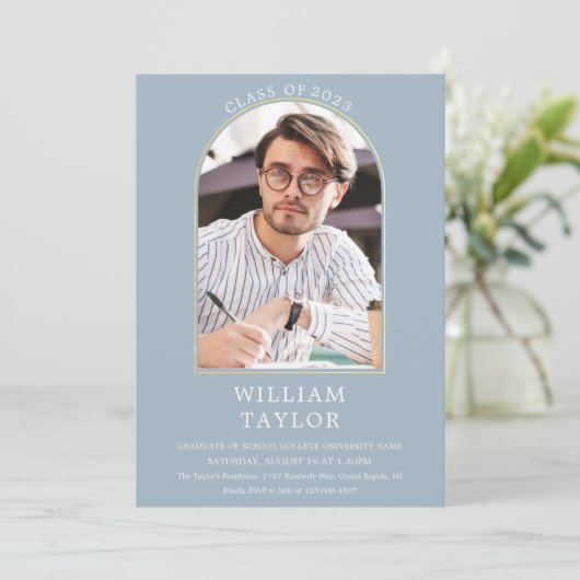 Stofbloem Blauwe Moderne Gouden Boog Foto Afstudee Kaart (Staand voorkant)