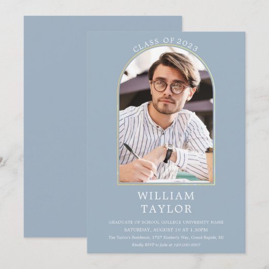 Stofbloem Blauwe Moderne Gouden Boog Foto Afstudee Kaart (Voorkant / Achterkant)