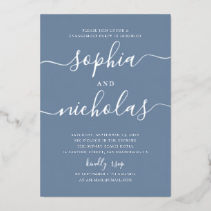 Stofbloem Blauwe Moderne Script Elegante Verloving Folie Uitnodiging