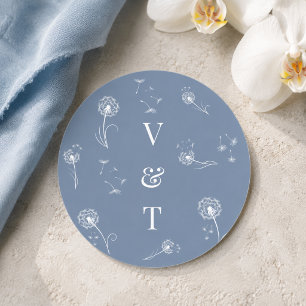 Stofbloem Blauwe Monogram Bloemige Trouwdag Ronde Sticker