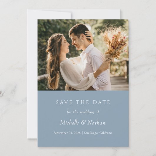 Stofbloem Blauwe Monogram Save the Date Foto Kaart (Voorkant)