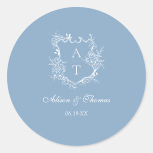 Stofbloem Blauwe Monogram Wapenschild Trouw Envelo Ronde Sticker
