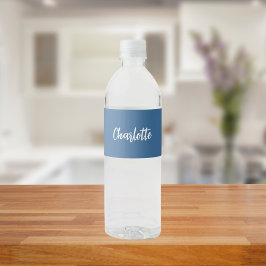 Stofbloem blauwe naamlettertype waterfles etiket