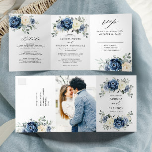 Stofbloem Blauwe Navy Champagne Ivoor Bloemstuk Drieluik Aankondiging