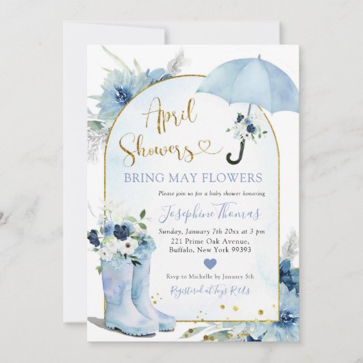 Stofbloem Blauwe Paraplu April Buien Baby Shower Kaart (Voorkant)