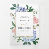 Stofbloem Blauwe Pastel Roze hortensia's Bruiloft Drieluik Aankondiging (Cover)