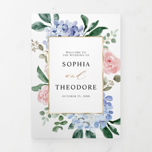 Stofbloem Blauwe Pastel Roze hortensia's Trouw Tri Drieluik Aankondiging (Cover)