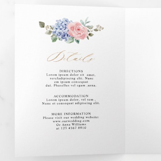 Stofbloem Blauwe Pastel Roze hortensia's Trouw Tri Drieluik Aankondiging (Binnenzijde eerst)