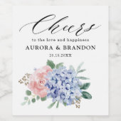 Stofbloem Blauwe Pastel Roze hortensia's Trouwdag Wijn Etiket (Enkel label)