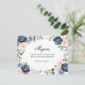 Stofbloem Blauwe Perzik Blush Wil je mijn bruidsme Briefkaart (Staand voorkant)