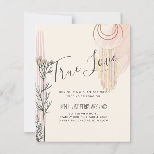 Stofbloem Blauwe Perzik BOHO Trouw Uitnodiging (Voorkant)