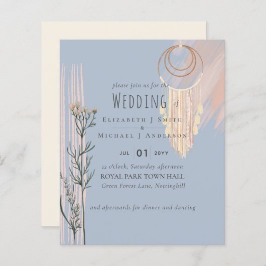 Stofbloem Blauwe Perzik BOHO Trouw Uitnodiging (Voorkant / Achterkant)