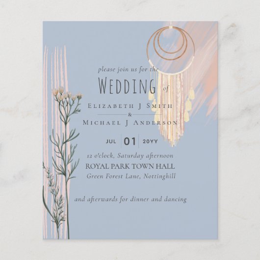 Stofbloem Blauwe Perzik BOHO Trouw Uitnodiging (Voorkant)