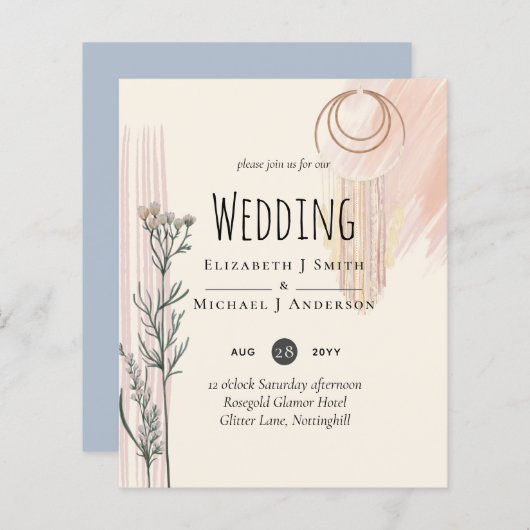 Stofbloem Blauwe Perzik BOHO Trouw Uitnodiging (Voorkant / Achterkant)