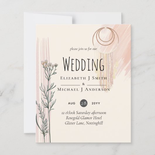 Stofbloem Blauwe Perzik BOHO Trouw Uitnodiging (Voorkant)