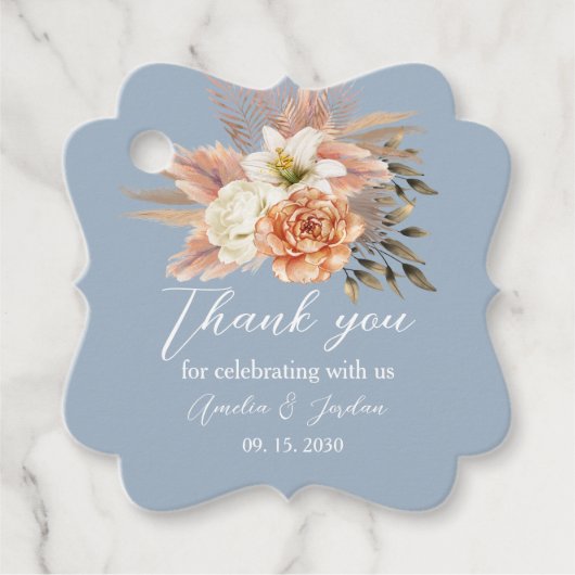 Stofbloem Blauwe Perzik Trouw Dank Je Bedankjes Labels (Voorkant)