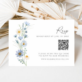 Stofbloem Blauwe QR Code Huwelijksreactie RSVP Kaartje