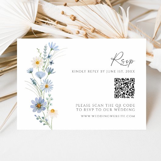 Stofbloem Blauwe QR Code Huwelijksreactie RSVP Kaartje