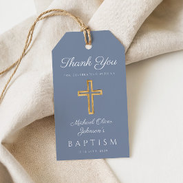 Stofbloem Blauwe Religieuze Kruis Jongens Doop Cadeaulabel