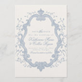 Stofbloem Blauwe Rococo Save The Date Kaart (Voorkant)