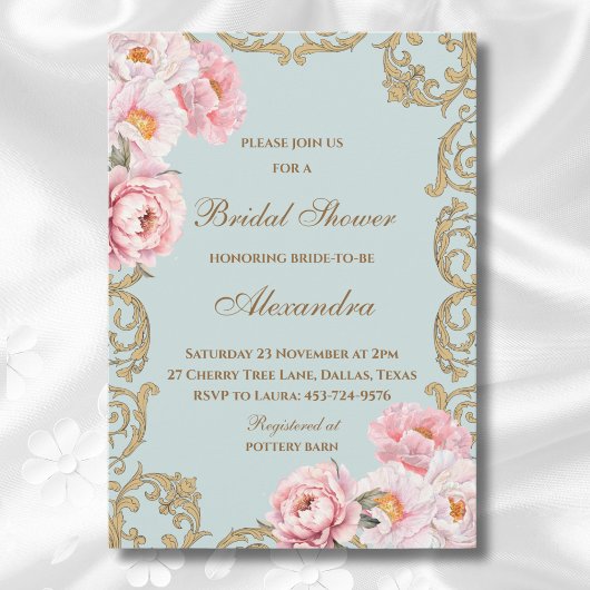Stofbloem Blauwe Rococo Vintage Pioen Bruidsdouche Kaart