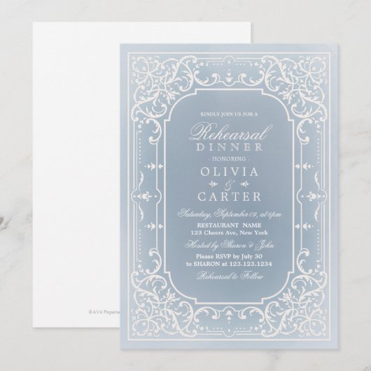 Stofbloem blauwe romantische vintage proefdinermaa kaart (Voorkant / Achterkant)