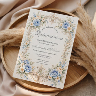 Stofbloem Blauwe Roos Barok Quinceañera Kaart