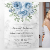 Stofbloem Blauwe Roos Foto Witte Marmeren QR Code  Drieluik Uitnodiging (Binnenzijde eerst)