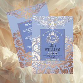 Stofbloem Blauwe Roze Goud Klassieke Monogram Boho Folie Uitnodiging