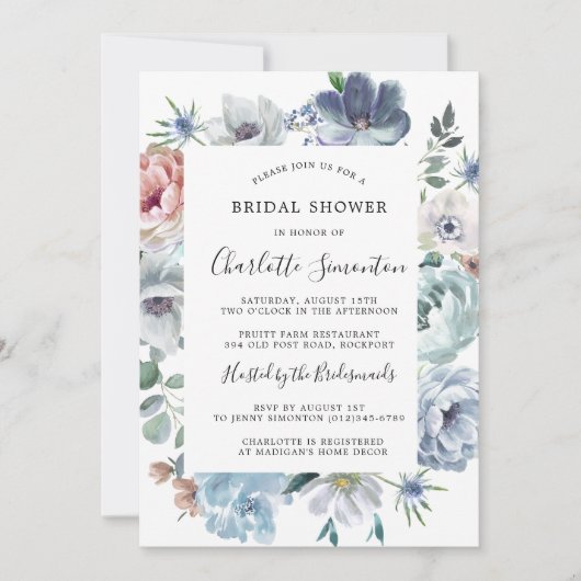 Stofbloem Blauwe Roze Perzik Bloemige Bruids-Showe Kaart (Voorkant)