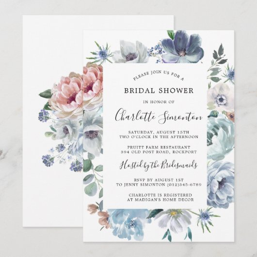 Stofbloem Blauwe Roze Perzik Bloemige Bruids-Showe Kaart (Voorkant / Achterkant)