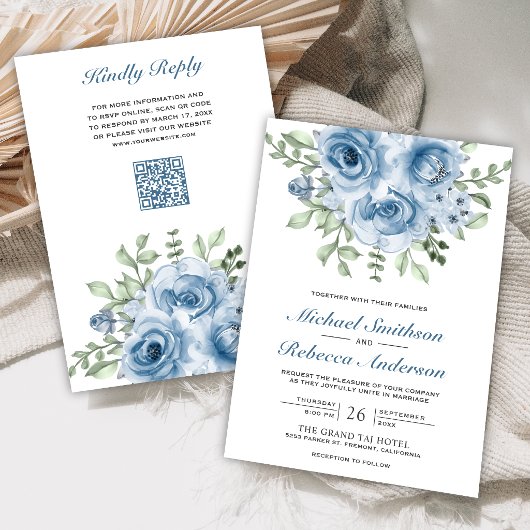 Stofbloem Blauwe Rozen QR Code Trouwen Kaart