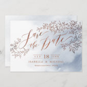 Stofbloem blauwe rustieke bloemencalligrafie save save the date (Voorkant / Achterkant)