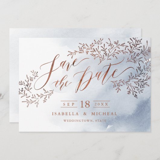 Stofbloem blauwe rustieke bloemencalligrafie save save the date (Voorkant / Achterkant)